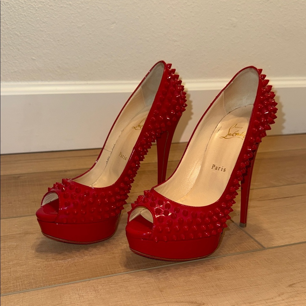 Christian Louboutin Red Spiked Peep-Toe Heels